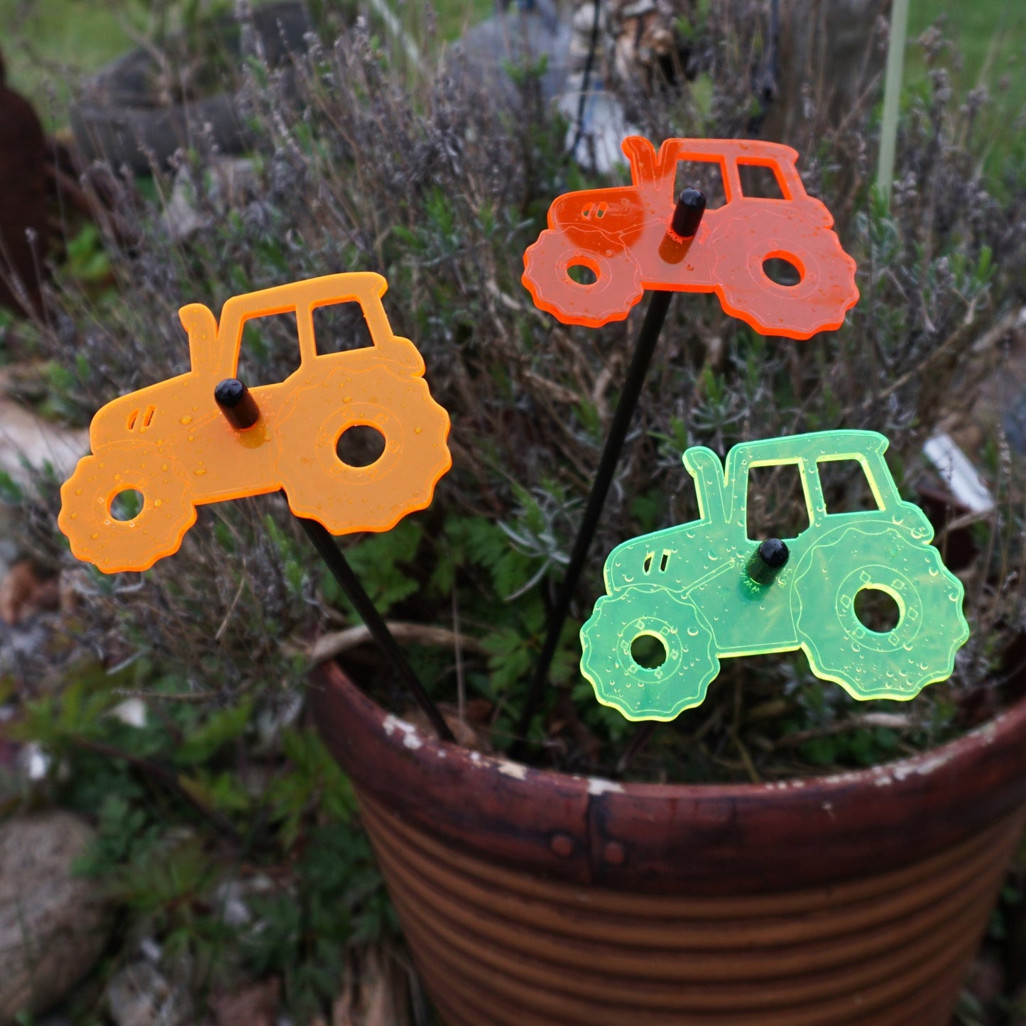 Set of 3 Glowing Medium Tractors SunCatcher Garden Decor Stakes