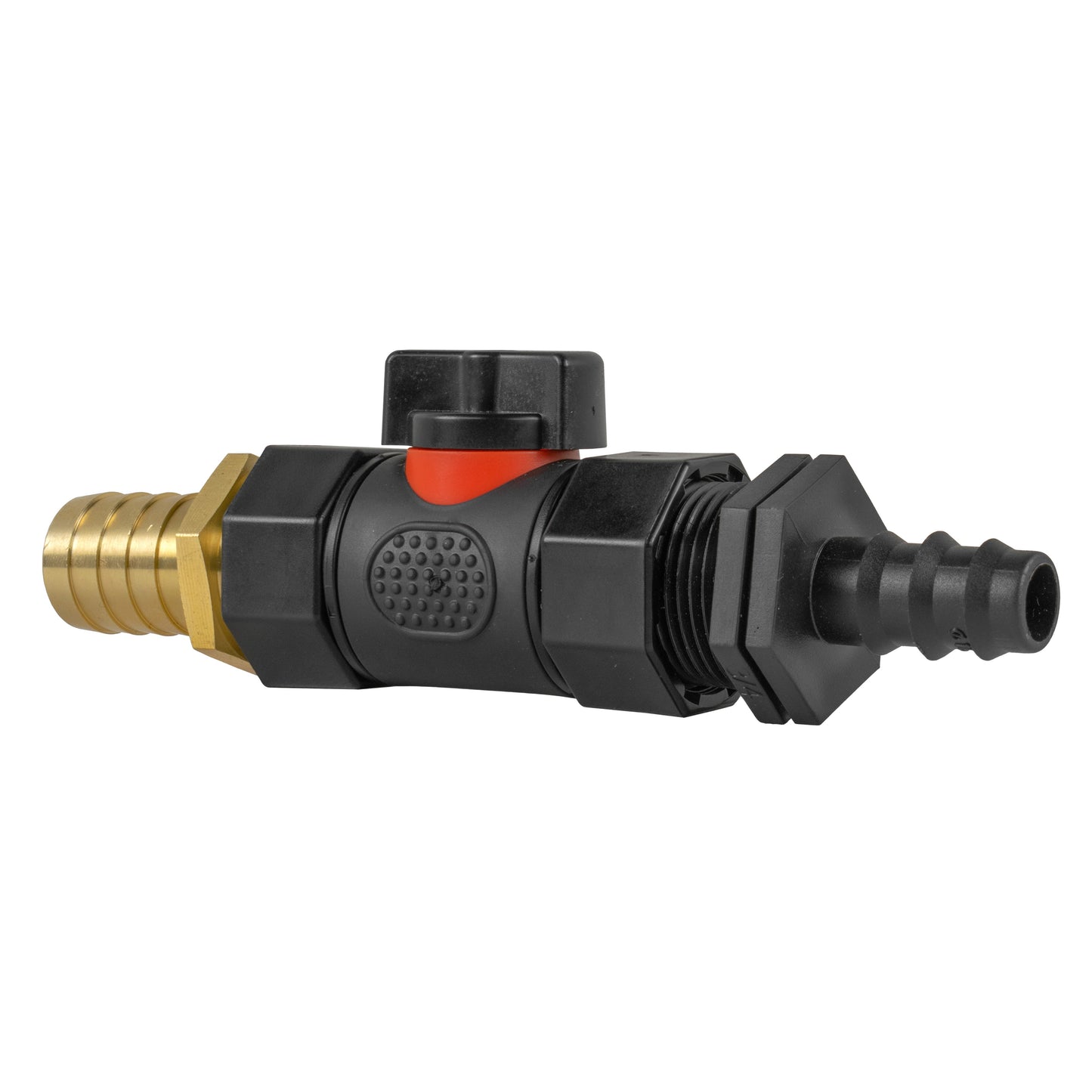 16mm Barbed Straight with In-Line BSPF Valve and 19mm Brass Barb