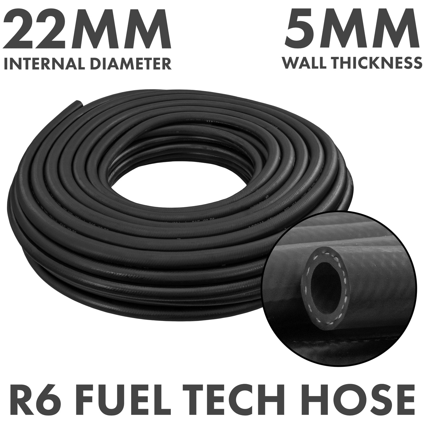 Rubber 22mm Braided Fuel, Oil Hose SAE J30 R6